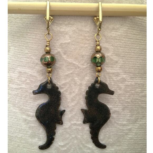 Artisan Colorful Enamel Seahorse Earrings Whimsical Creature Statement Beaded - Picture 7 of 9